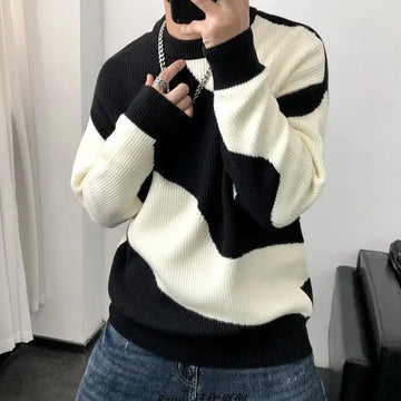 Autumn Winter New Fashion Round Neck Long Sleeve Patchwork Color Blocking Pullovers Men's Clothing Korean Loose Knitting Tops
